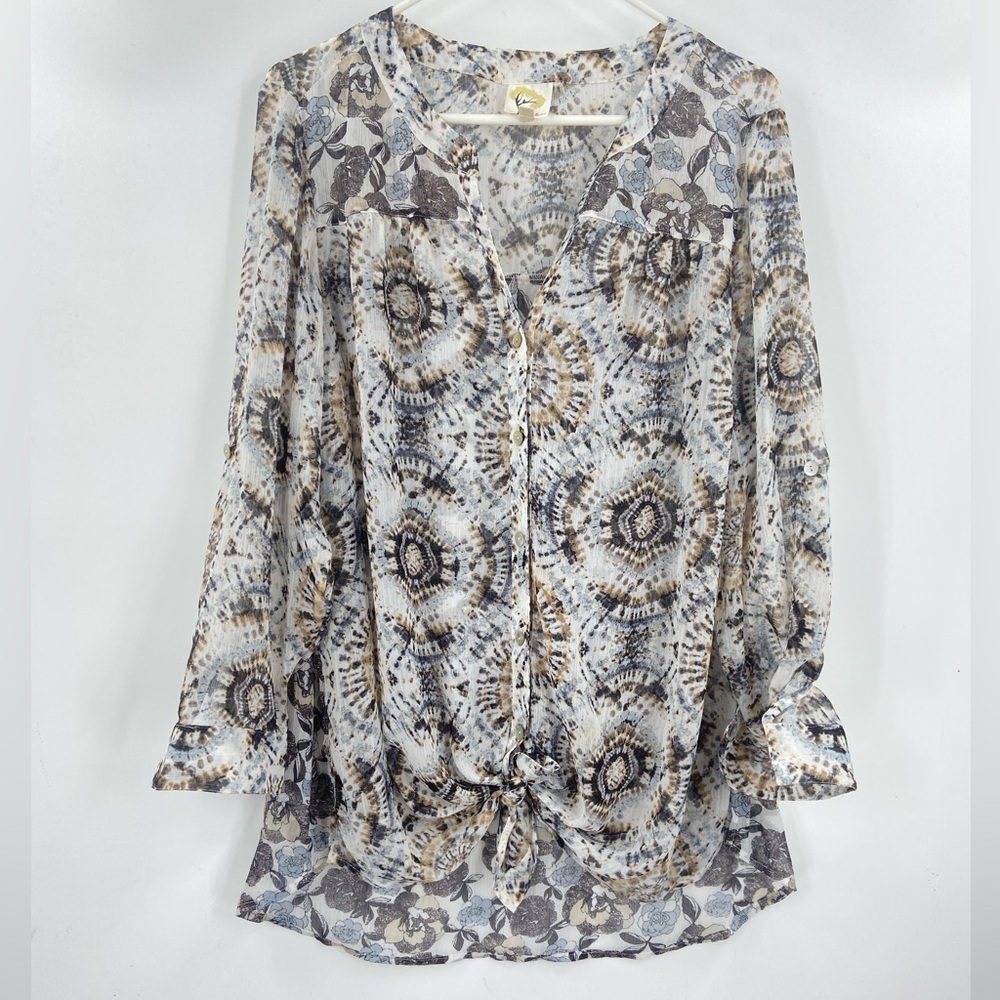 Fig and Flower Womens Blouse 2X Multicolor Floral Geometric Print Button Front